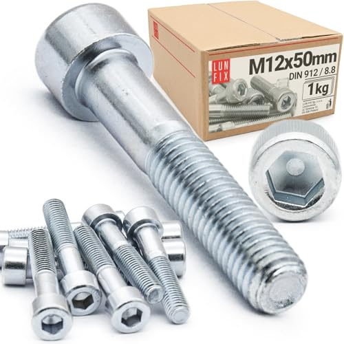 LUN FIX Zylinderkopfschrauben M12 x 50 mm 1kg ca. 18 Stk DIN 912 ISO 4762 | 8.8, Teilgewinde, Innensechskant, verzinkt Maschinenschrauben für Metallbau Maschinenbau Industrie Konstruktion