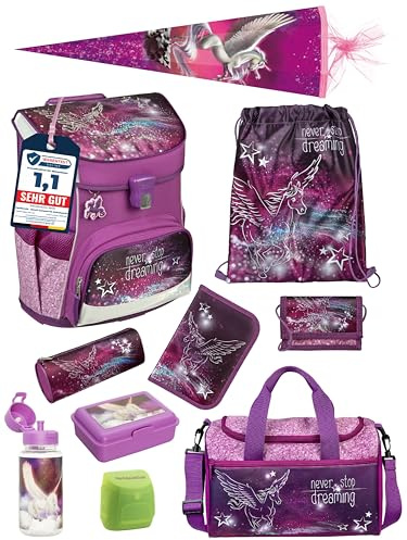 Familando - Scooli Campus Fit Schulranzen Set - 10-teilig mit Schultüte - Pegasus Violett - Ergonomisch, Stabil & 980g leicht - 18L Volumen - Brustgurt & Reflektoren - Für Grundschule ab 1. Klasse