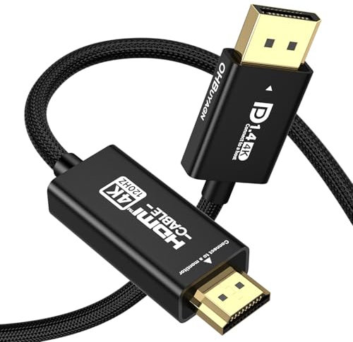 OHBUYAGN Cable DisplayPort a HDMI 4K a 120Hz, DP unidireccional 1.4 a HDMI 2.1, cable compatible con 4K a 60Hz, 2K a 120, 2K a 60Hz, 1080P a 165, 1080P a 144, compatible con monitor de juegos, TV, PC