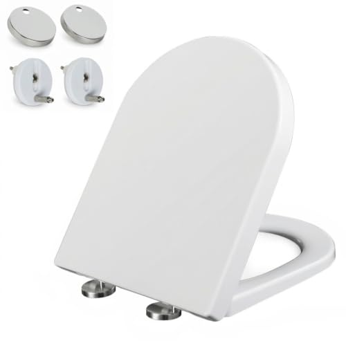 D Shape White Toilet Seat Heavy Duty, Soft Close Quick Release Top Fixed | Adjustable Hinges, Easy Cleaning Install, Universal Fit Standard bathroom seat, 46cm x 36.5cm