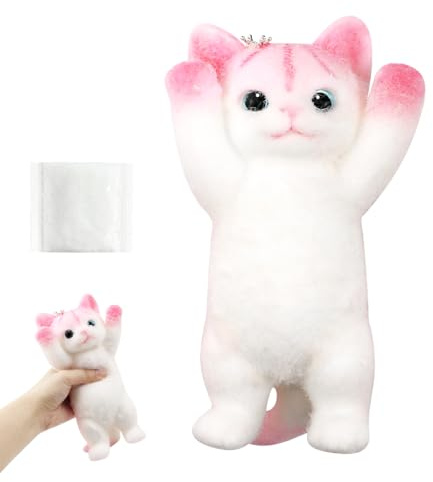 Katzen Squeeze Stress Spielzeug – Flauschige Antistress Katze mit Simuliertem Fell, Squishy Squeeze Toy zum Kneten, Stressabbau & Entspannung für Kinder & Erwachsene (Weiß mit Rosa)