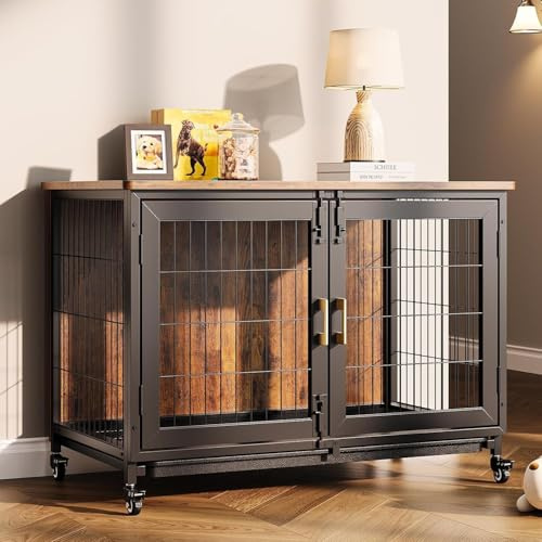 HundekäFig, ZwingerkäFig für Große Hunde, 95 cm, XL-Holzkisten, Zwinger für Den Innenbereich Mit Feststellbaren RäDern, Robuste KistenmöBel für Kleine Bis Mittelgroße Haustierrassen, 95 x 65 x 60