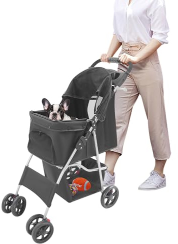 Cochecito plegable para mascotas con cinturones de seguridad de hasta 15 kg, con soporte para bebidas y ventanas de red, carrito para gatos, longitud de mascota aplicable dentro de 40,6 cm