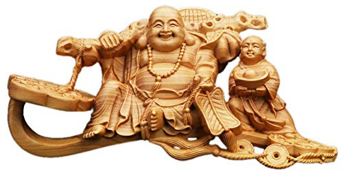 Yingtuwinh Estatuas decorativas, estatua de boj, estatua de boj que ríe, Buda sentado, escultura Ru Yi, Maitreya Buddha Dios de la riqueza, hogar, oficina, riqueza, prosperidad, decoración, madera