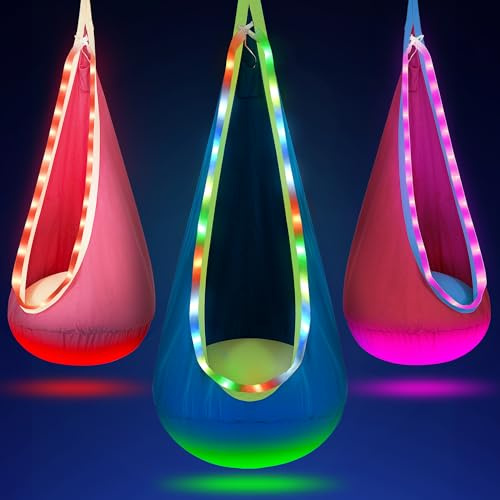 OUTREE Light Up Pod Swing Seat, Sensory Swing with LED Light | Blue, Cotton Indoor Swing – Sensory Hammock Chair Easy to Install, Hanging Hammock Swing for Kids with Autism, ADHD