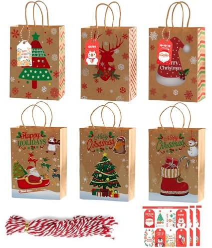 Geschenktüte Weihnachten, 24 Stück Geschenkverpackung Papiertüten Kraftpapier mit Kleiner Karte, 6 Stile Klein Weihnachtstüten mit Griffen, Candy Tüten zum Verpacken für Geschenken DIY Adventskalender