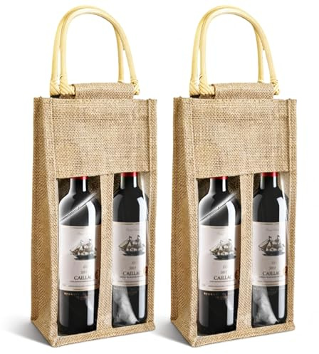 2 stycken vinflaskväskor i jute, flaskpåsar, jute-vinpåse, presentpåsar, vinflaskväska med fönster, för bröllop, jul, fest, festival (dubbel flaska)