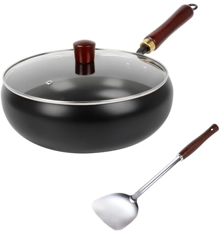 Yallmie Poêle en Fonte Wok 28cm, Poêle Antiadhésive Sans Revêtement avec Couvercle en Verre, Poignée en Bois et Pelle en Inox, Wok en Fonte Grand Ventre Forgé à La Main pour Induction, Gaz et Autres