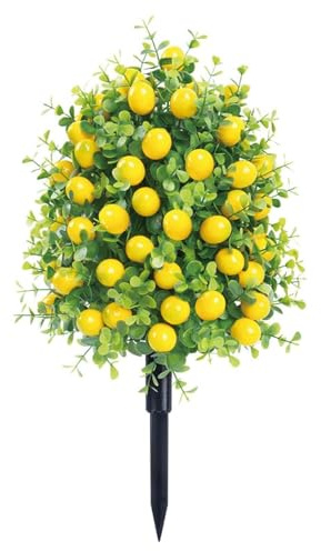 Arbres topiaires artificiels en buis avec piquet, faux citronnier avec fleurs pour la maison, le jardin, la cour, le porche, la terrasse, la décoration intérieur/extérieur