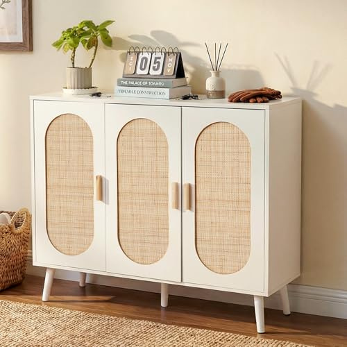 MAXLEAD Rattan Shoe Cabinet with 3 Doors, 24 Pairs Capacity Shoe Storage with Adjustable Shelves for Hallway/Living Room - White