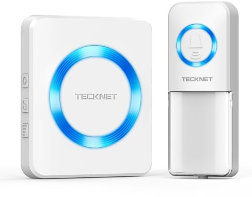 TECKNET Wireless Doorbell, IP65 Waterproof Plug in Doorbell with Battery Operated Push Button, Door Bells Wireless Cordless Door Chime Kit, up to 400m Long Range, 60 Chimes and Blue LED Flash(White)