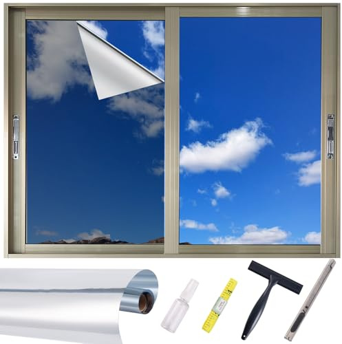 One-Way Window Privacy Film, Heat Control & Anti-UV Blocking 90 * 300cm | Mirror Reflective, Heat Blocking & Anti-West Sun Glare, Lower Temp, HD PET Film, Free Tools, Window Glass Protection Silver