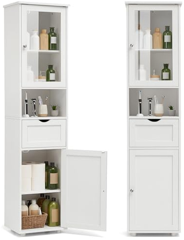 MAXLEAD Narrow Tall Bathroom Cabinet, Freestanding Storage Cupboard with Glass Door & Adjustable Shelves for Toilet/En Suite