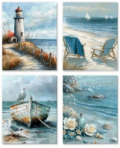 DAERLE 4 Pack Pintar por Numeros Niños Adultos con Marco, Faro, playa, DIY Cuadros para Pintar por Números, Paisaje costero, Pintura Acrilica Cuadro Artesanías de Arte, 20x25cm