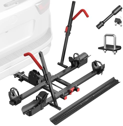 RoamEase Hitch Mount Ebike Rack with Ramp, 170lbs Capacity for 2 E-Bikes, Foldable Electric Bike Carrier Up to 5-inch Fat Tire Bicycle for 2'' Receiver, Red