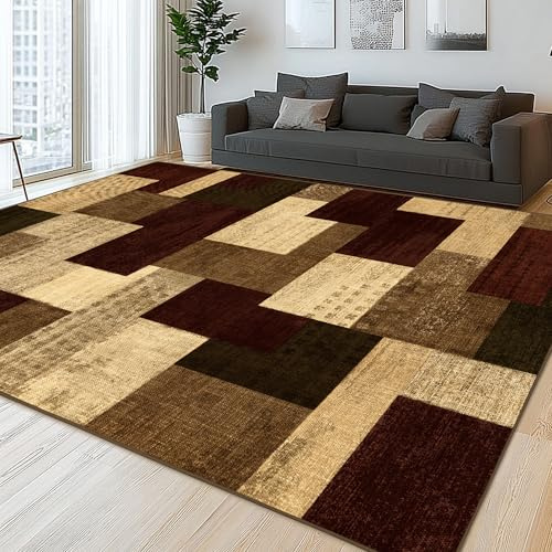 QDUIDU Modern Geometric Patchwork Indoor Area Rug for Living Room, Red 8x10 Large Rug Rockwood Collection Hardwood Floors Decor for Bedroom, Burgundy Throw Carpet for Office Entryway Dining Room