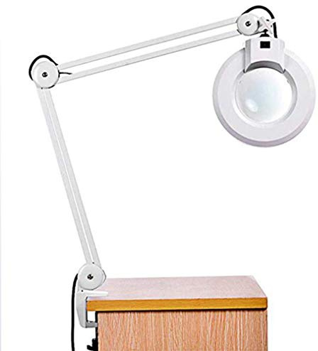 UYCVT Led Folding Magnifier Lamp,Adjustable Swivel Arm 8X Magnifying Glass Table Lamp Light with Clamp for Beauty Skincare Manicure Nail Tattoo Salon with Glass Lens and Bench