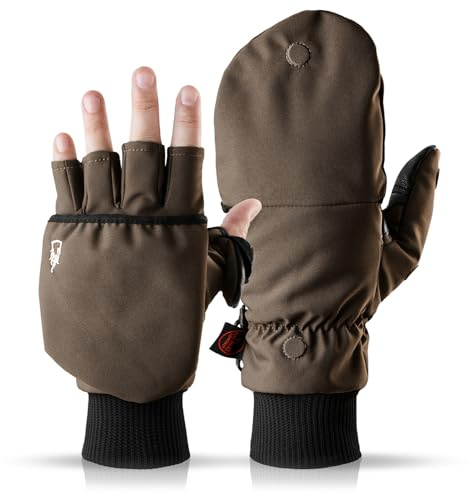 THE HEAT COMPANY - HEAT 2 SOFTSHELL - fingerless touchscreen glove and mitten in one - quality from the Alps - warm winter & bicycling gloves - against cold during sports & work – Brown, S