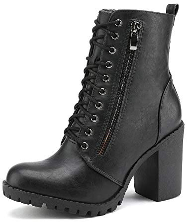 DREAM PAIRS Women's Combat Ankle Chunky Heel Lace up Booties,Black,12