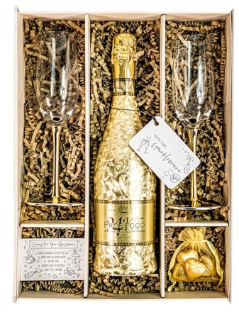 24kt Prosecco DOC 75cl Gift Set Hamper With Matching Gold Stem Champagne Flutes, Chocolates And Gift Box - Thank you, Birthday Prosecco Gifts For Women (Prosseco)