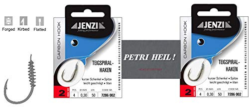 Set: 2 Packungen JENZI Teigspiralhaken Forellen-Haken, Teighaken gebunden (8 Stück) Hakengröße 2, 4, 6, 8 &10 + gratis Petri Heill! Aufkleber
