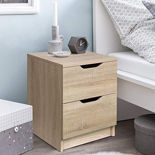 BAKAJI Mesita de Noche de Dormitorio con 2 cajones y asa de Ranura, diseño Moderno de Madera MDF Mueble de decoración del hogar, Dimensiones 50 x 40 x 40 cm (Roble)