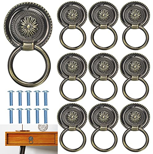 DECARETA 10 Stücke Antike Möbelknopf Moebelgriff Schubladenring Griff Vintage Schrankknopf Bronze Drop Ring Knöpfe Schublade Griffe Ring für Kommode Schrank Kommoden Möbel