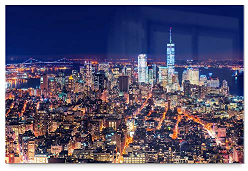 EIN imposantes Glas-Bild, Skyline 150x100cm groß dargestellt. Mit 8mm stärke setzt Sich das Acrylglasverbund-Bild, Manhatten bei Nacht durch die unsichtbare Befestigung schwebend von der Wand ab