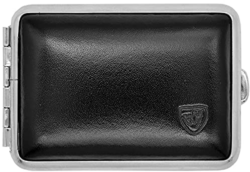 Pillendose Etui Echtleder, Handmade in Germany, mit Pillenbox Einsatz - klein und handlich, Nickelrahmen mit schwarzem Leder, ideal zum Aufbewahren von Tabletten, Tabak, Schnupftabak, Schmuck uvm.