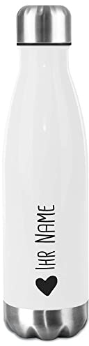 Trinkflasche Edelstahl selbst gestalten mit Name & Herz Symbol - Thermosflasche, Wasserflasche BPA-frei, Camping, Schule, Sport I Personalisiertes Geschenk für Familie und Freunde - Weiß, 750 ml