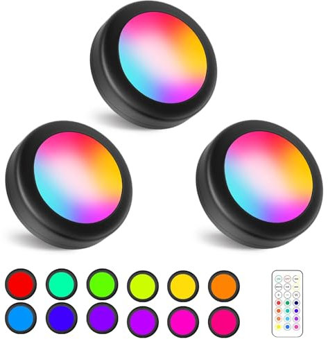 WUYOR Wireless Under Cabinet Lights with Remote, 12 Colors LED Under Cupboard Lighting, Round Stick-on Display Shelf Cupboard, RGB Puck Lights, 3 Pack - Black
