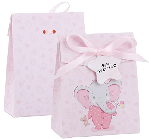 50 Pcs 8x4x10cm Gastgeschenk Tauf Boxen Rosa Niedliche Baby Elefanten Geschenkschachtel mit Geschenkanhänger zum Beschriften Geschenkboxen für Mädchen Tauf, Baby-Geburt, Babyparty usw.