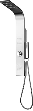 MARWELL Troya - Pannello doccia in acciaio inox spazzolato, 100 x 14 cm, set doccia con 3 diverse funzioni, doccia a pioggia, doccia massaggiante e doccetta a mano, manopole anticalcare