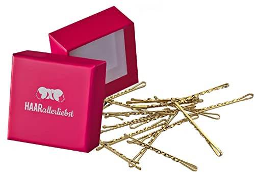 HAARallerliebst 18 Haarnadeln gedreht - 5,5 cm Bobby Pins gold glänzend - mehr Halt durch die Drehung – Haarklemmen Damen & Hair Pins in pinker Box - Perfekte Haarnadel für Styling & Halt