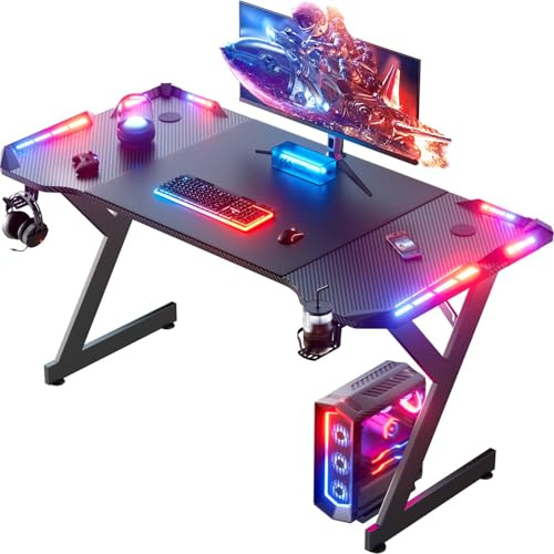 DLONGONE 120 x 60cm Gaming Desk with LED Lights, Computer Gaming Table, Sturdy PC Desk for Home Office, Gamer Table with Headphone Hook and Cup Holder, Black