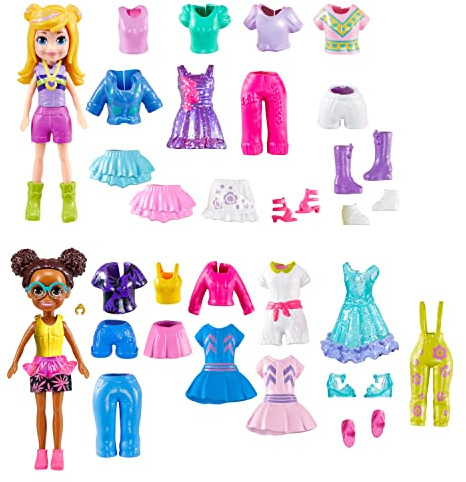 Polly Pocket Sparkle Cove Adventure Modeset - 4 Puppen, 45+ Modeteile, Oberteile, Hosen, Kleider, Accessoires, für Kinder ab 4 Jahren, HKW10