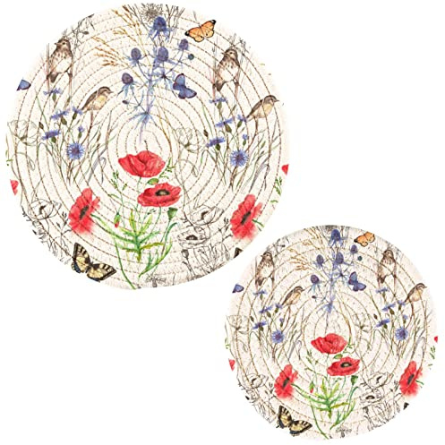 Naanle 2 Pcs Beautiful Floral Poppy Flowers Birds Butterfly Round Woven Pot Holders Trivets Set, Cotton Coasters Placemats for Cooking Baking Hot Dish Pan Pot Bowl Teapot(7&9 Inches Diameter)