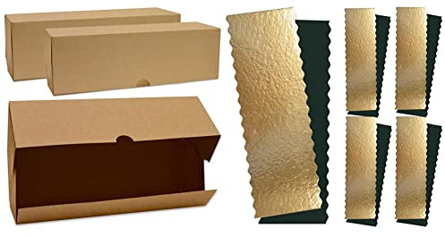 SCRAP COOKING - Lot de 2 Boîtes à Buches et Cakes - Carton Kraft Alimentaire Recyclable - 35 x 11 x 11 cm & Kit de 5 Supports à Bûches de Noël & Cakes - Carton Réversible Doré & Noir - 30 x 10 cm