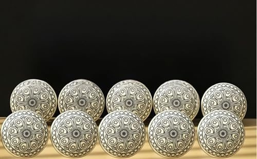 ARTISNO Hand Painted Mandala Ceramic Cabinet Drawer Pull/Use for Cupboard, Wardrobe Door/Kitchen Cabinet Pull- Grey Knobs, Black Knobs- Set of 10 (Grey)
