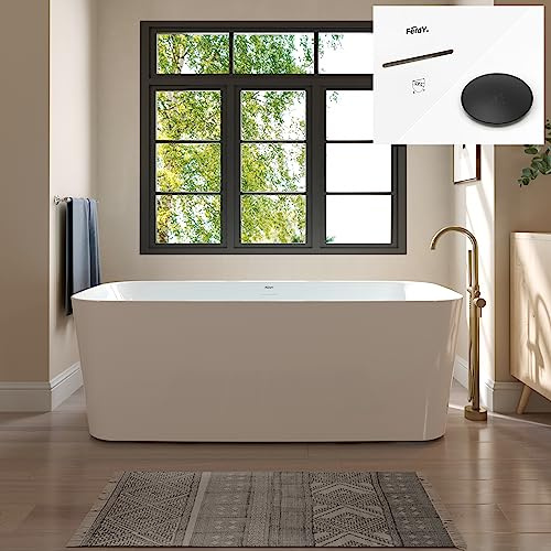 FerdY Maui 67 Acrylic Freestanding Bathtub, Contemporary Elegant Design Soaking Tub with Matte Black Drain and Minimalist Linear Design Overflow, Easy to Install