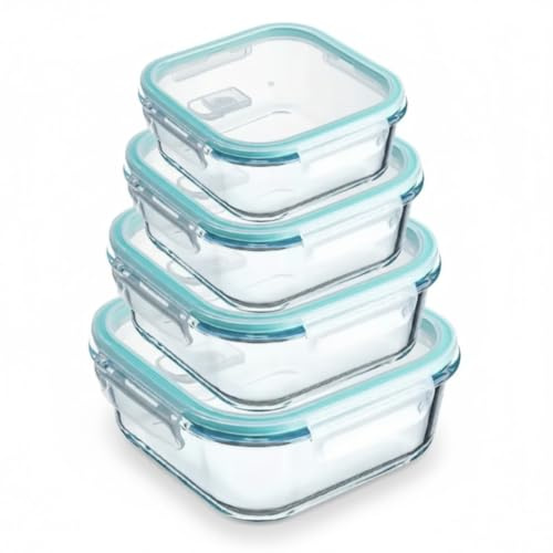 Square Glass Food Storage Containers with Lids – 4 Pack Airtight Reusable Meal Prep Set, Glass Lunch Box for Fridge Storage, Microwave, Oven & Freezer Safe Kitchen Containers