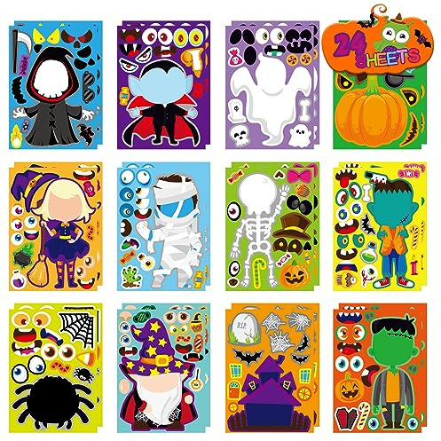 Halloween Aufkleber, 24 Blatt Halloween DIY Aufkleber, Geister Hexe Vampir Zombie Kürbis Bastelaufkleber für Kinder, Jungen, Mädchen, Partys und Aktivitäten