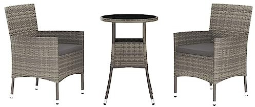 Tidyard 3-TLG.Garten-Bistro-Set mit Kissen Garten-Bistrostühle Gartenset Mit Rücken-Armlehnen Garten-Bistroset Gartenmöbel Balkonset Balkonmöbel Sitzgruppe Gartengarnitur 1 x Tisch 2 x Stuhl Grau