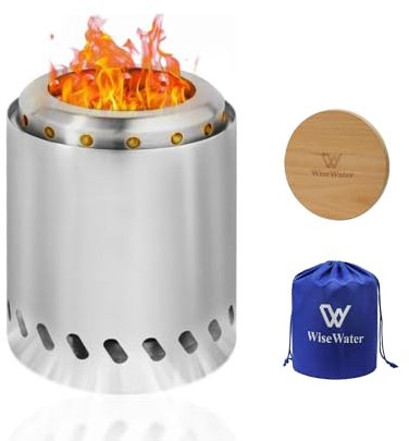 WiseWater Mini braciere portatile con supporto, braciere da tavolo in acciaio inox, a pellet di legno, stufa a basso fumo, per interni ed esterni, cortile, giardino, patio, guanti da forno, borsa da