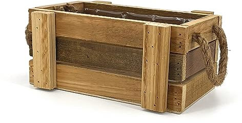 Fioriera Da Esterno Rettangolare In Legno Naturale Con Manici In Corda E Rivestimento In Plastica | Misure 26x15x10 cm | Ideale Come Fioriera Da Balcone, Portavaso O Coprivaso Per Piante Da Interno