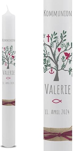 VILLA ROSA LOTTA – Personalisierbare Kommunionkerze Taufkerze „Valerie“ mit Wunschdaten und Rückseite | Lebensbaum Motiv | 40 cm x 4 cm | für Jungen und Mädchen | Altarkerze elfenbein