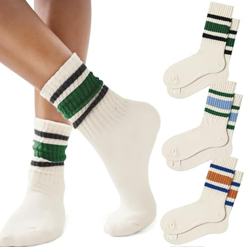 Fszsaa Fun Novelty Striped Retro Crew Socks For Women - Sporty Calf Socks in Casual Cotton