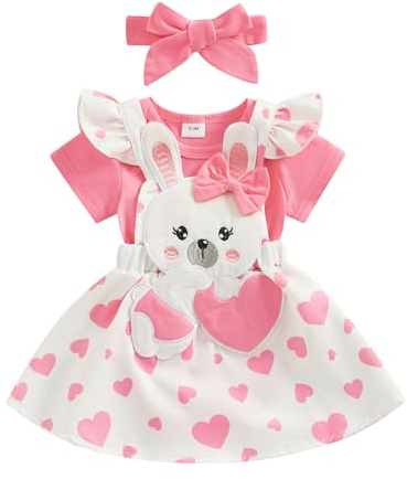Xeadoffubio Baby Mädchen Ostern Outfit Kurzarm Strampler+Hasen Herzmuster Hosenträger Rock+3D Bow Stirnband Kleines Mädchen Ostern Performance-Kleid Party Outfit