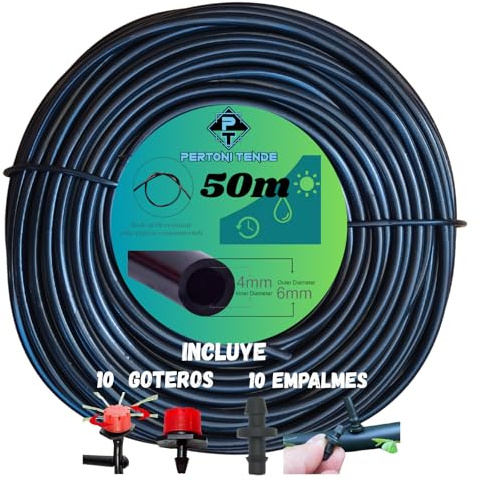 Microtubo de Riego 4mm para Goteo, Tubería para Riego, Fabricada en PVC Flexible y Resistente con 6mm de Diametro Exterior, Disponible en Rollo de 10, 25 y 50 metros, Color Negro (50 metros)