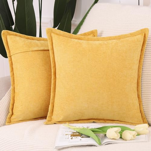 Madizz 2er Set Fransen Chenille Schlicht Zierkissenbezüge Modern Kissenbezug Kissenhülle Sofakissen Lendenkissen für Sofa Schlafzimmer Gelb 60x60 cm